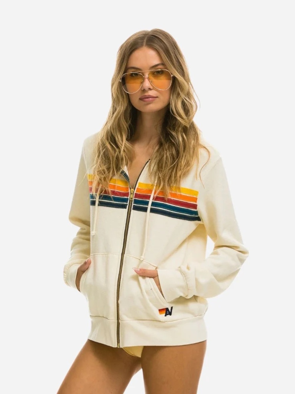 Aviator Nation Cream Zip-Up Hoodie with Rainbow Chest Stripes